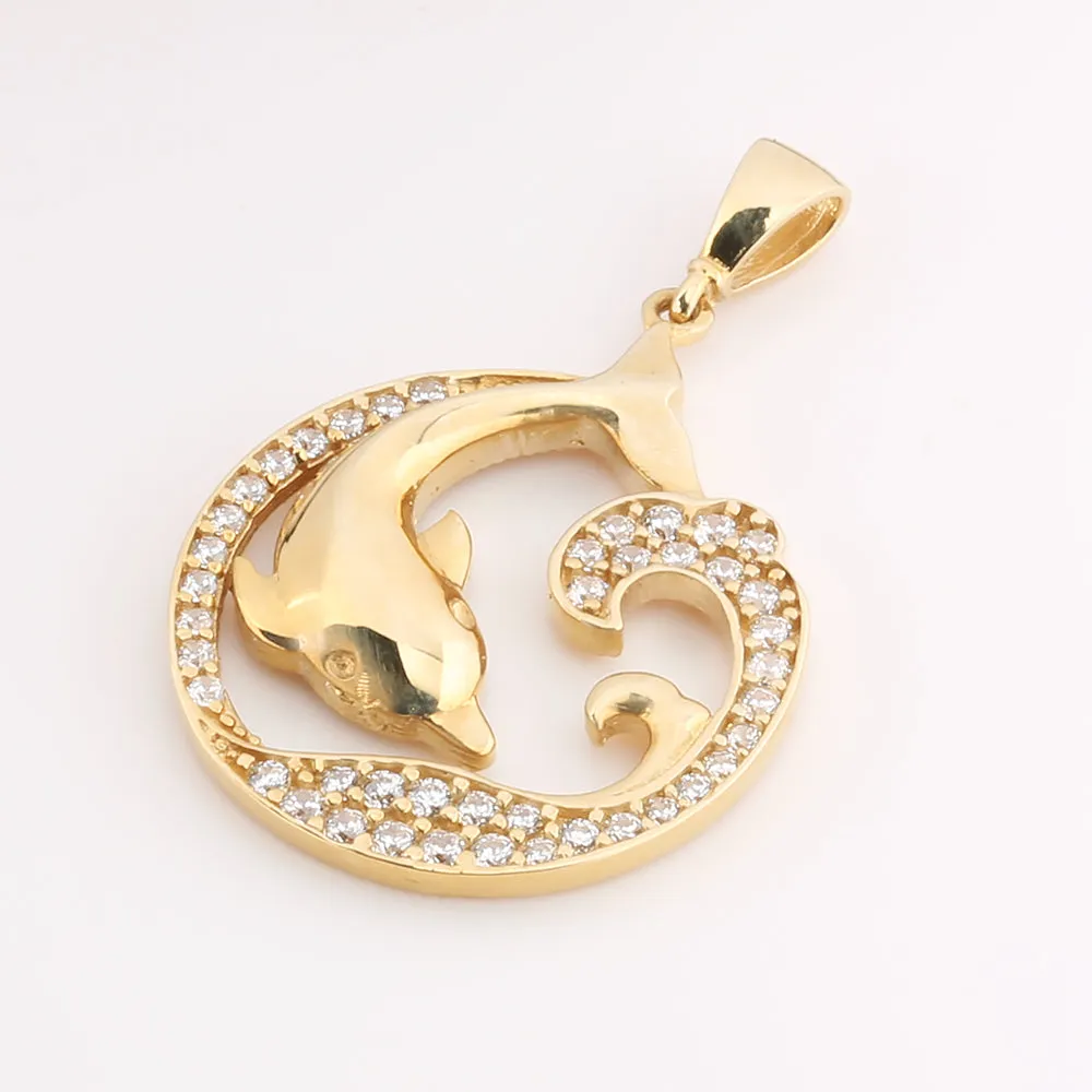 14K Solid Yellow Gold Island Pendant Diving Dolphin, Wave (Chain Sold Separately)