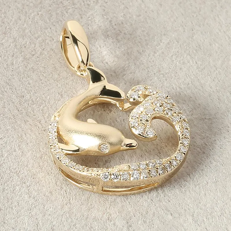 14K Yellow Gold Diving Dolphin on Wave Diamond Pendant (Chain Sold Separately)
