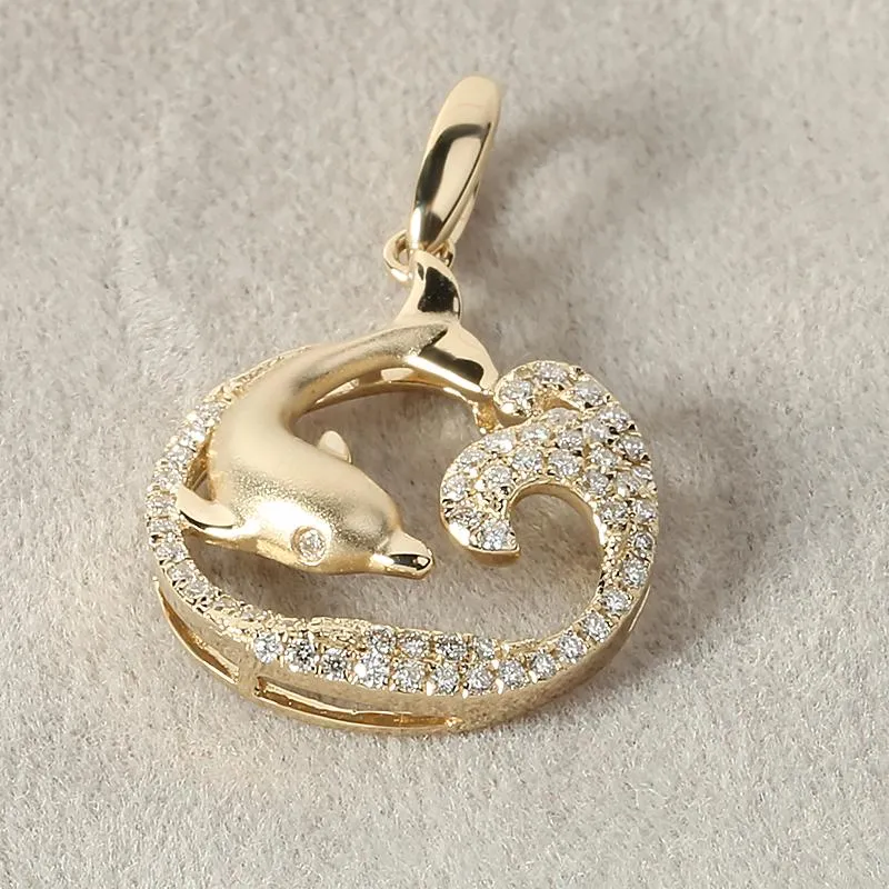 14K Yellow Gold Diving Dolphin on Wave Diamond Pendant (Chain Sold Separately)