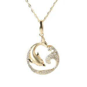 14K Yellow Gold Diving Dolphin on Wave Diamond Pendant (Chain Sold Separately)