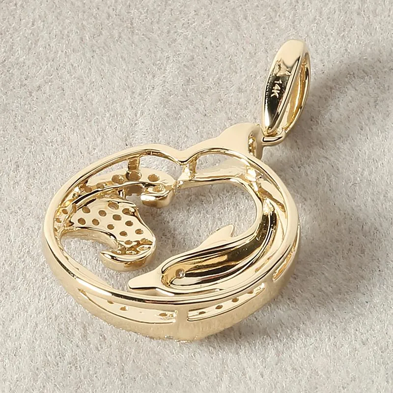 14K Yellow Gold Diving Dolphin on Wave Diamond Pendant (Chain Sold Separately)