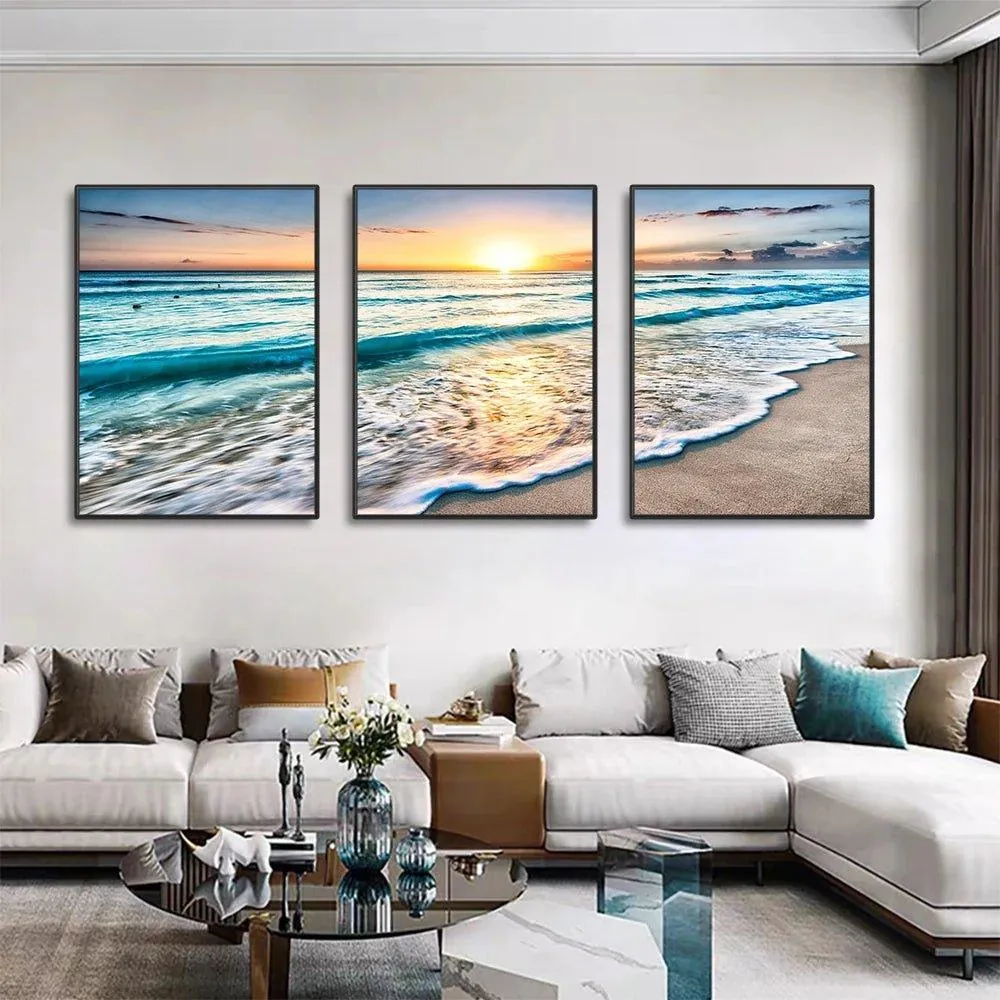 3 Piece Stunning Sea Sunset Framed Canvas Wall Art