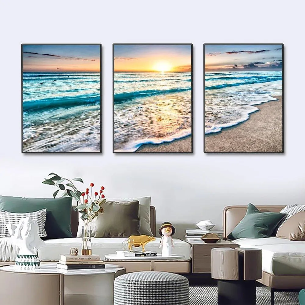 3 Piece Stunning Sea Sunset Framed Canvas Wall Art