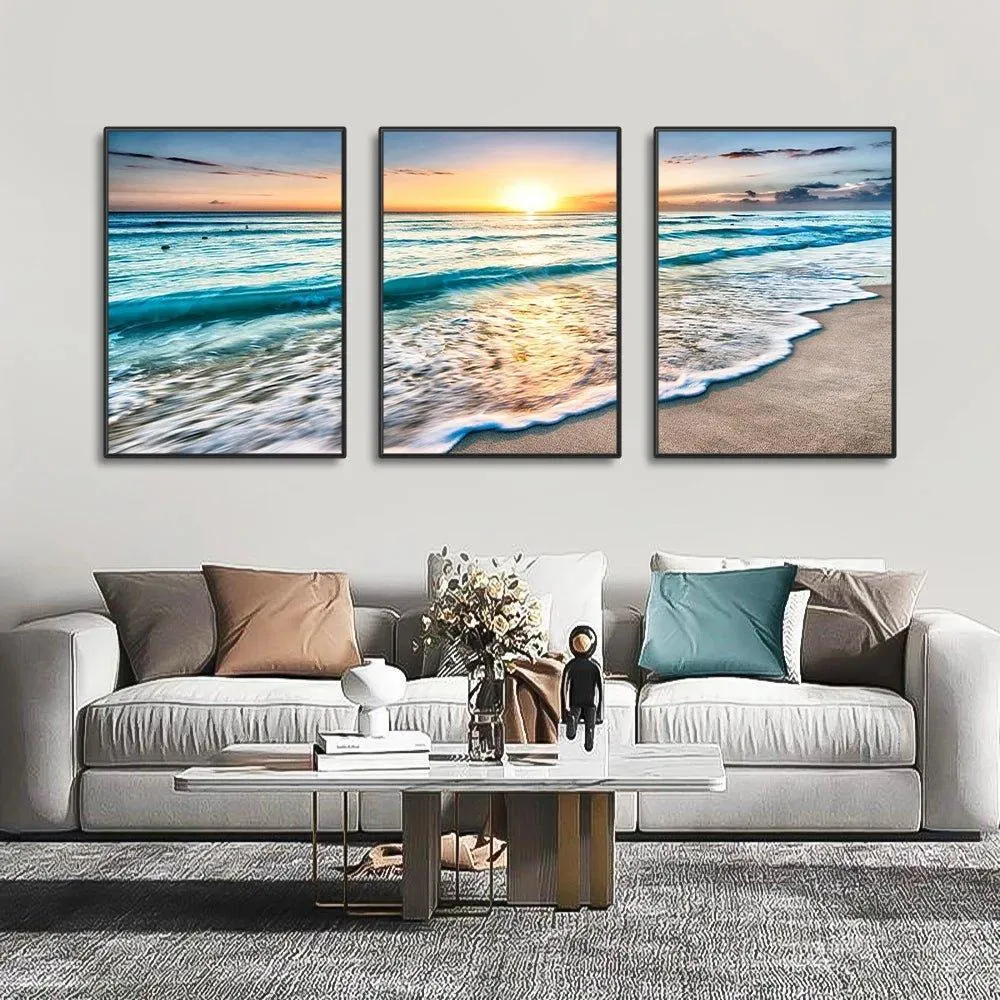 3 Piece Stunning Sea Sunset Framed Canvas Wall Art