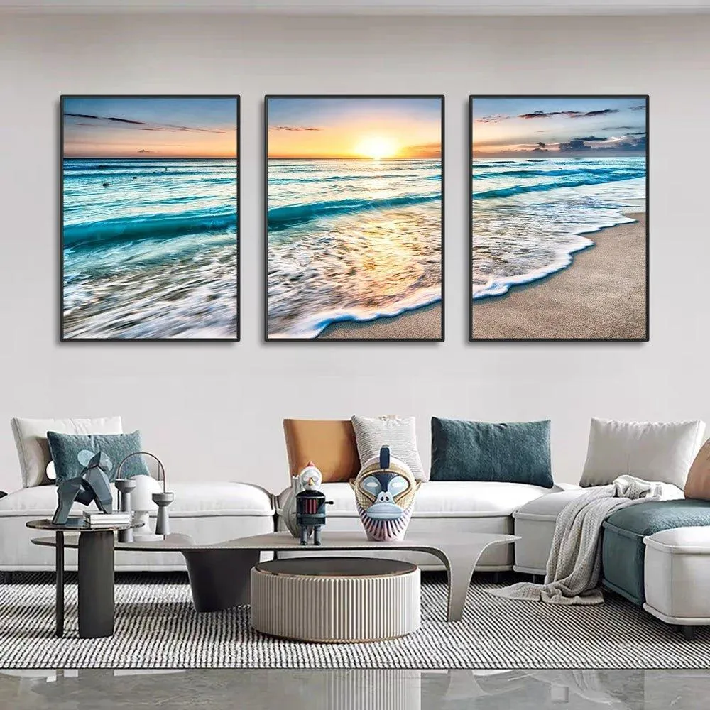 3 Piece Stunning Sea Sunset Framed Canvas Wall Art
