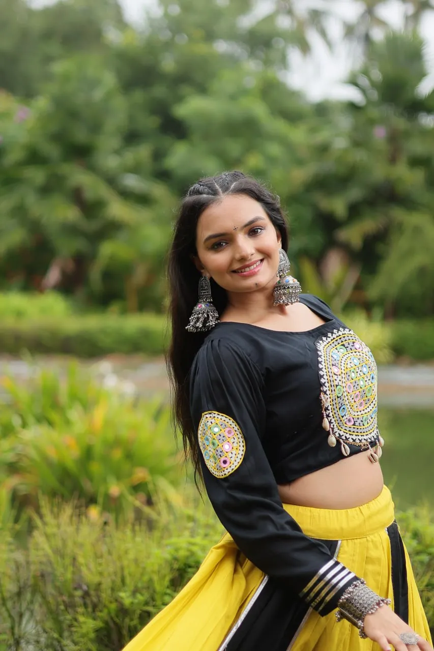 Black & Yellow Designer Readymade Rayon Lehenga Choli Set