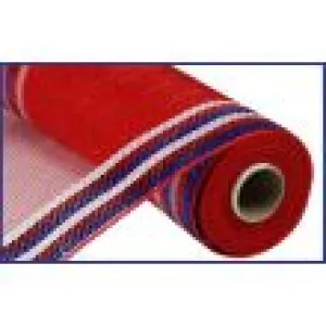 Border Stripe Metallic Mesh Red with White Blue Stripe Mesh 10.5" x 10 YARD ROLL