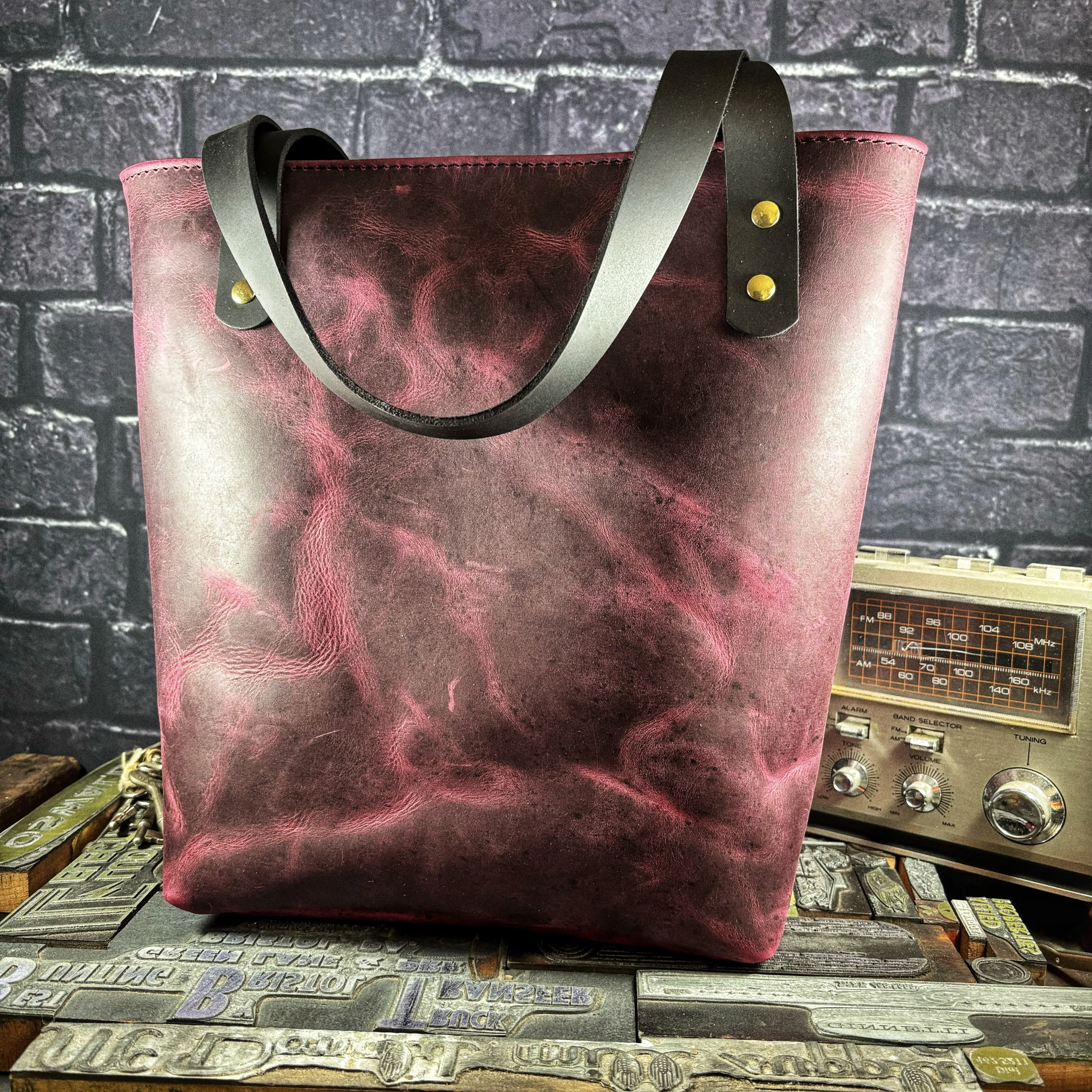 Deep Pink Pull up Full Grain Leather Tote Bag