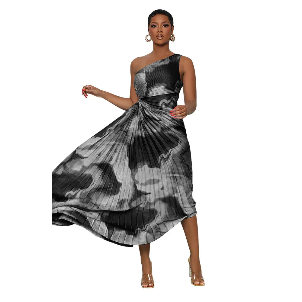 DUNNMALL  K10437 Europe and America Cross Border Fashion Women's Wear AliExpress  Hot Diagonal Collar Sleeveless Dress Pleated Dress