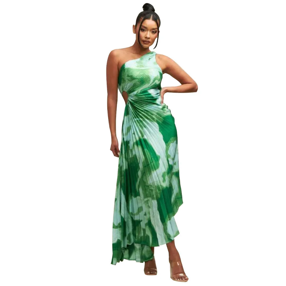 DUNNMALL  K10437 Europe and America Cross Border Fashion Women's Wear AliExpress  Hot Diagonal Collar Sleeveless Dress Pleated Dress