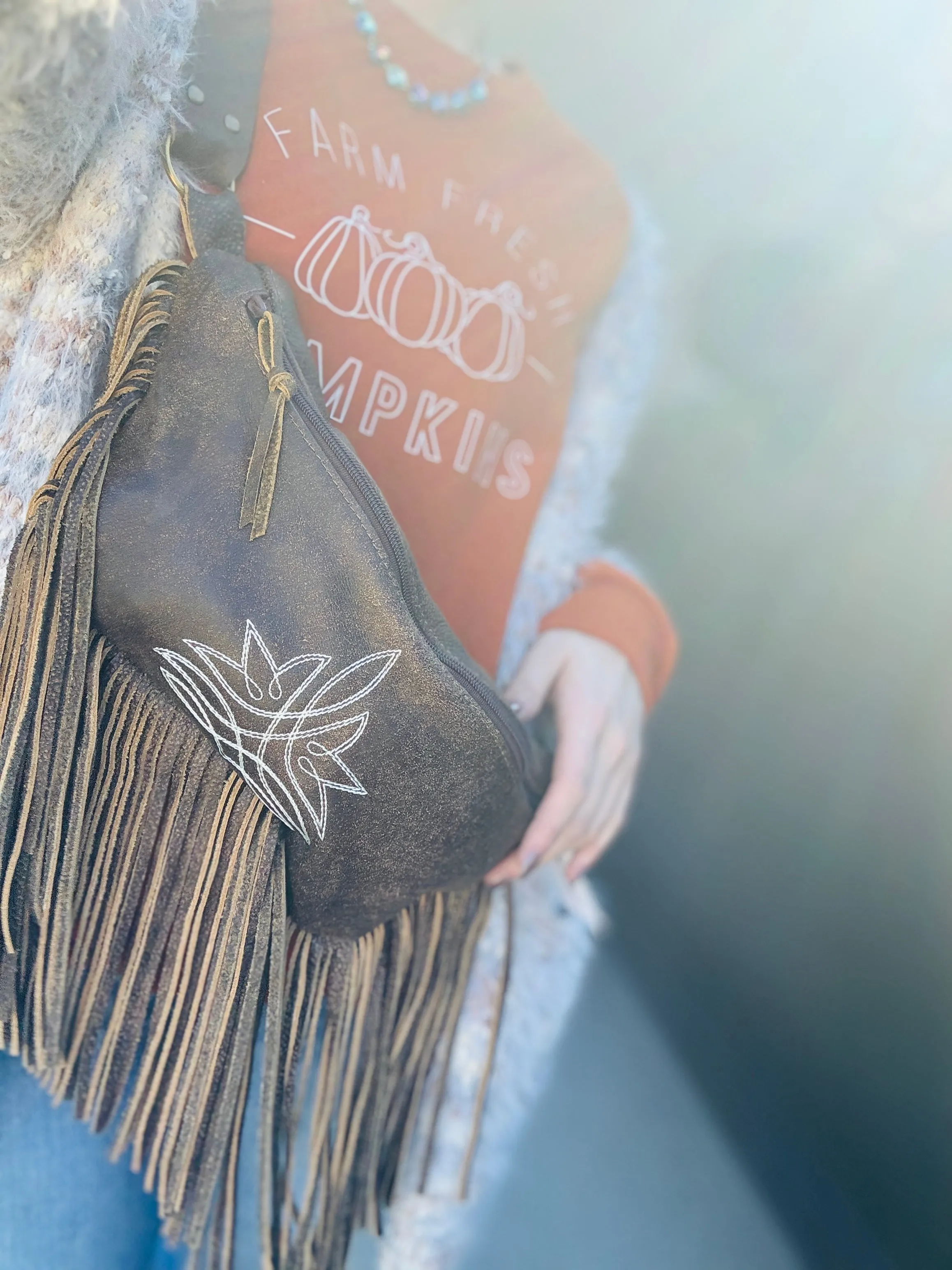 Dusk Brown Matte Stitch Fringed Bum Bag