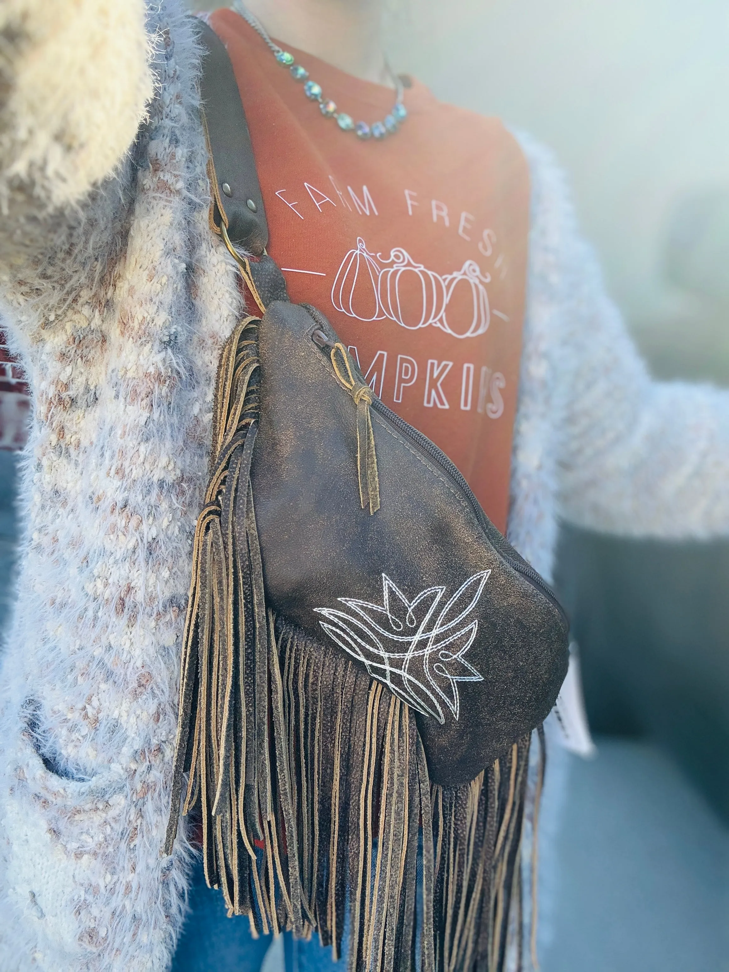 Dusk Brown Matte Stitch Fringed Bum Bag
