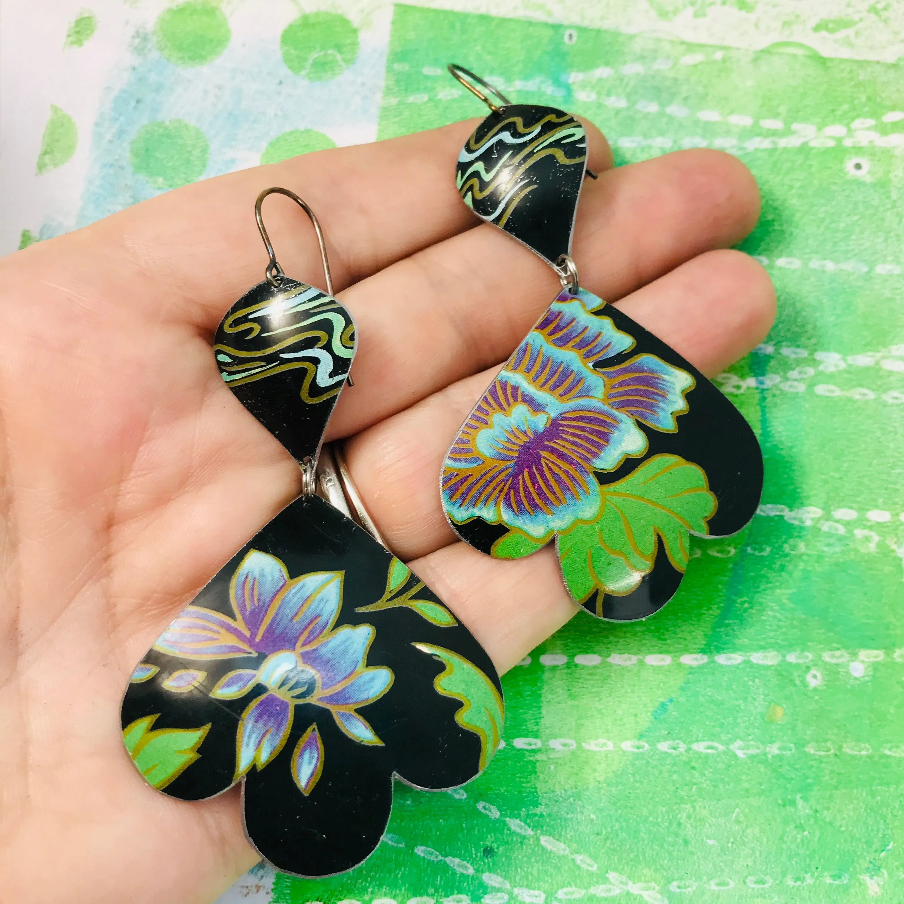 Gorgeous Blue Blossoms Trefoil Upcyled Tin Earrings