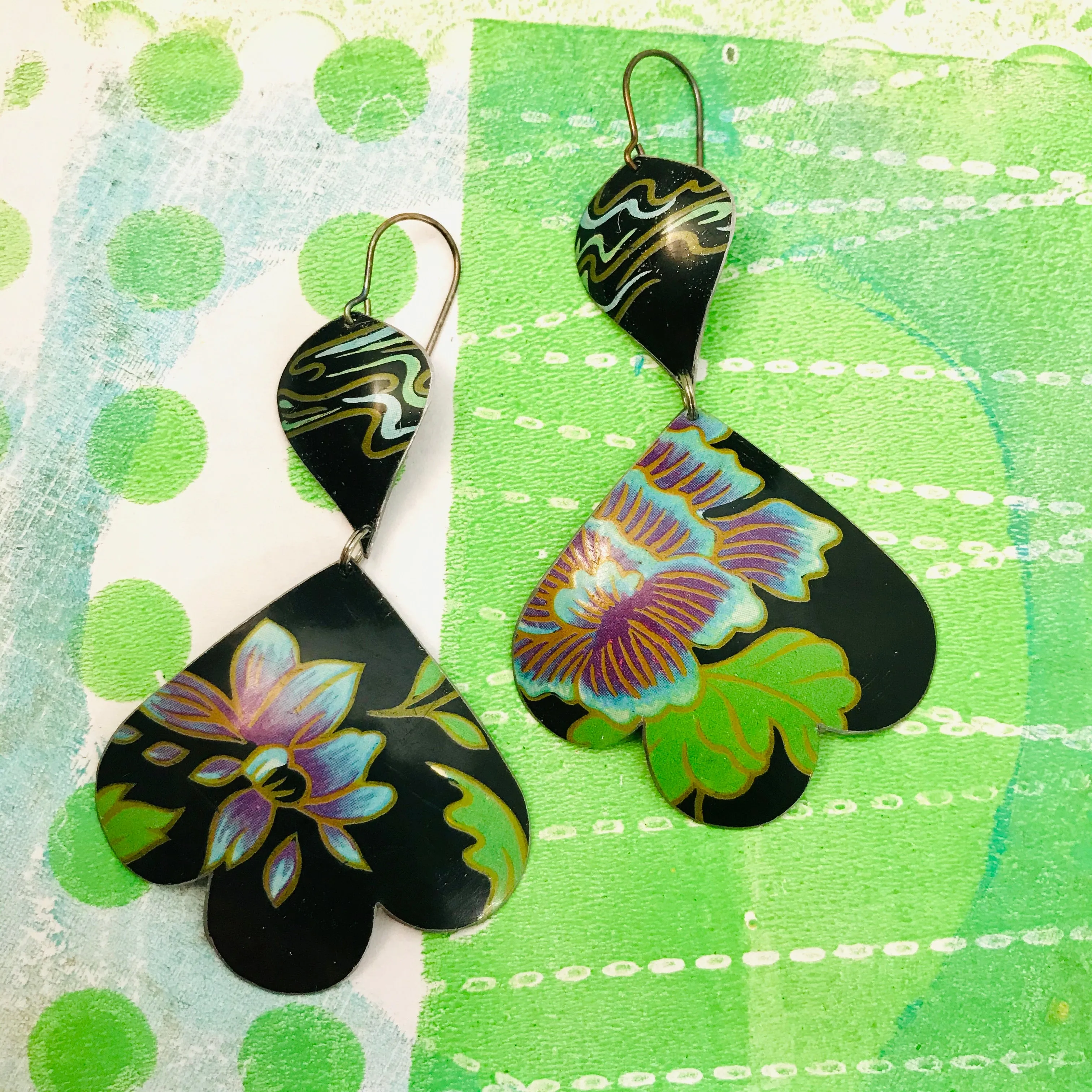 Gorgeous Blue Blossoms Trefoil Upcyled Tin Earrings