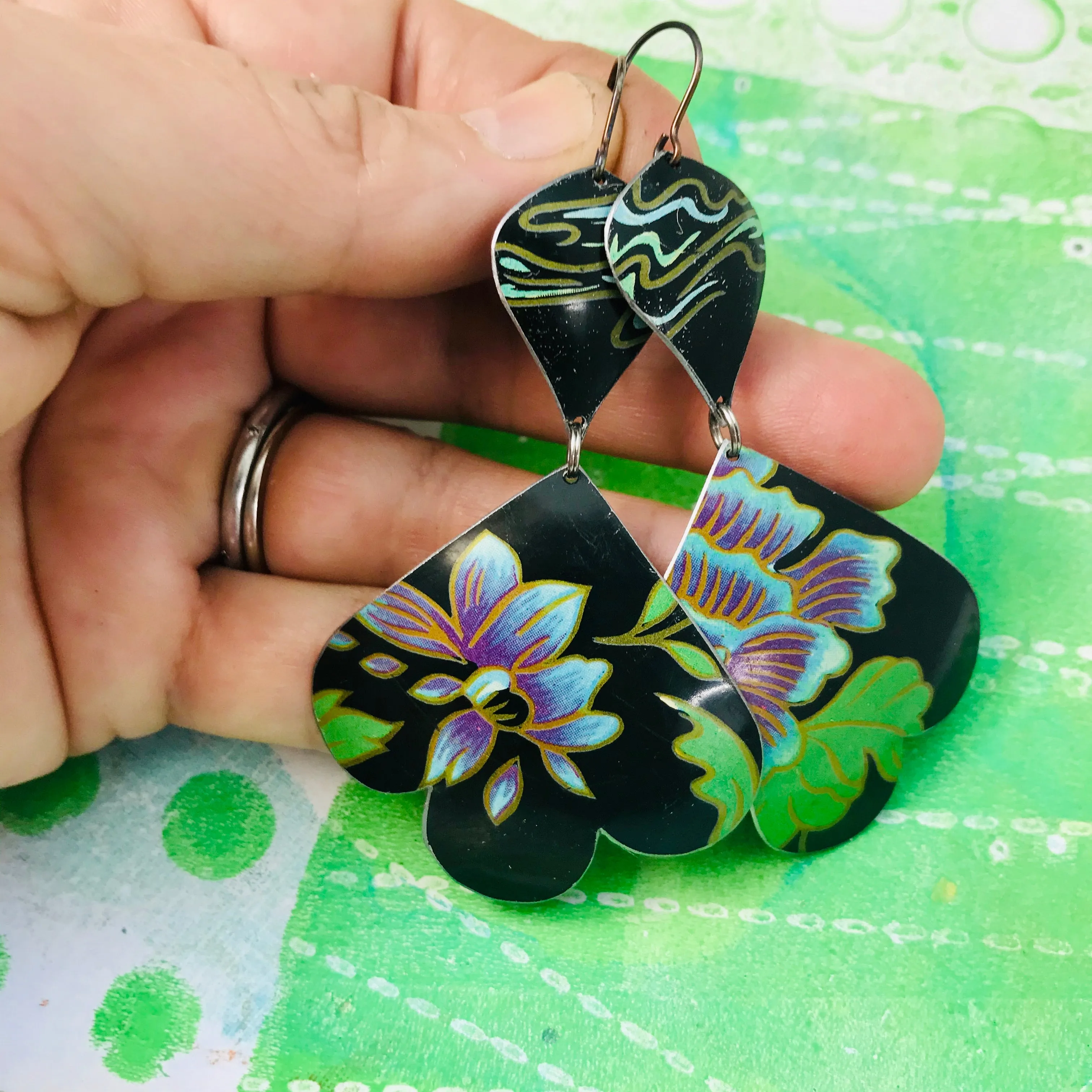 Gorgeous Blue Blossoms Trefoil Upcyled Tin Earrings