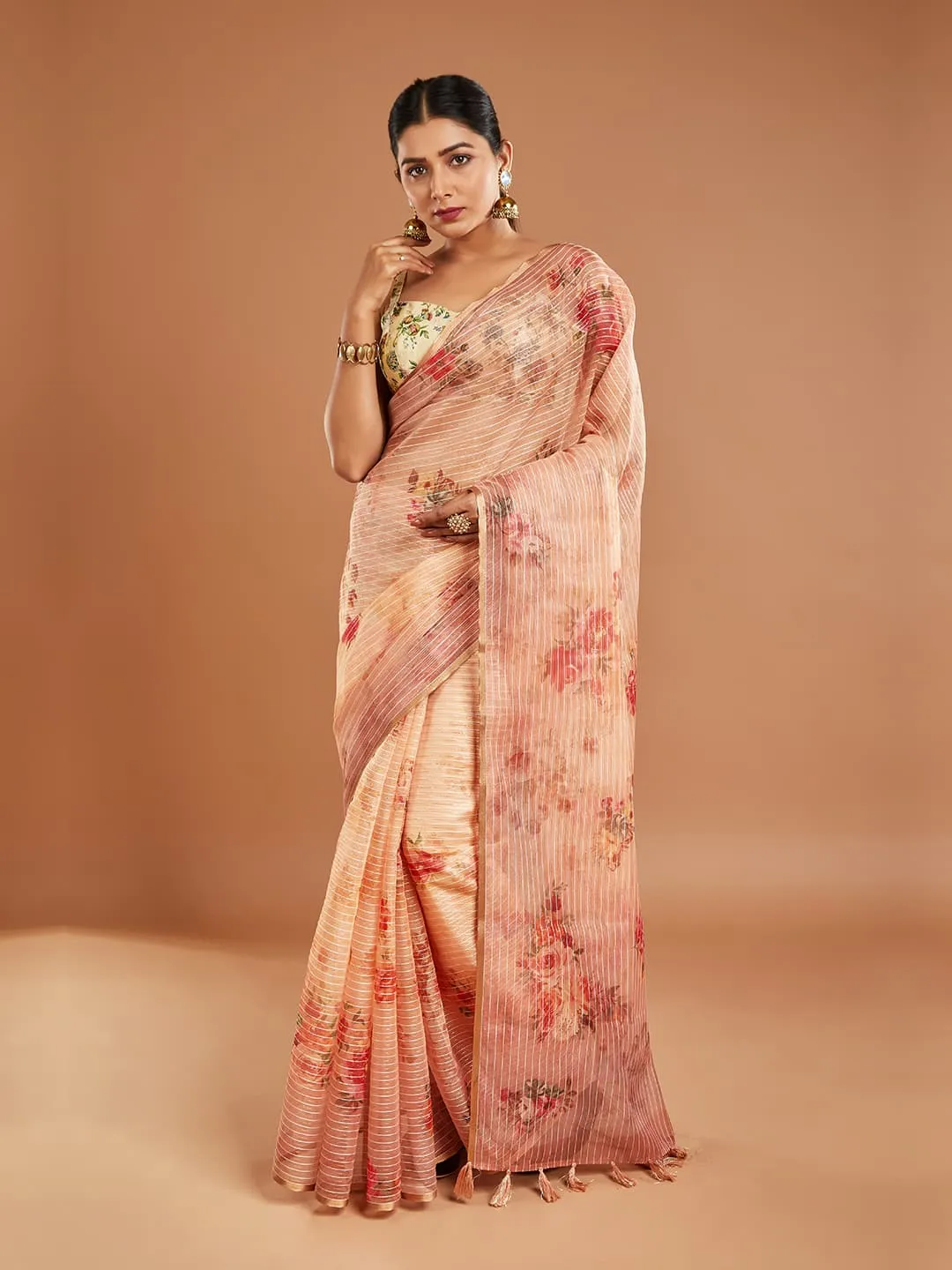 Gorgeous Floral Print Peach Tissue Saree
