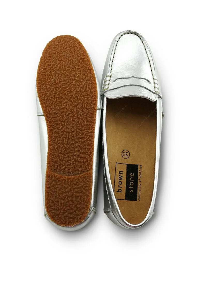 Gorgeous Girl Leather Moccasin Liquid Silver