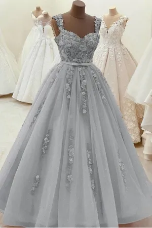 Gorgeous Sweetheart Neck Beaded Gray Floral Lace Grey Floral Lace Gray Prom Dresses