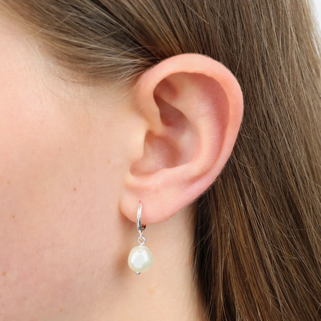 HUGGIES - Hello Gorgeous - Sterling Silver Hoops with Drop Pearl Charm (12024)
