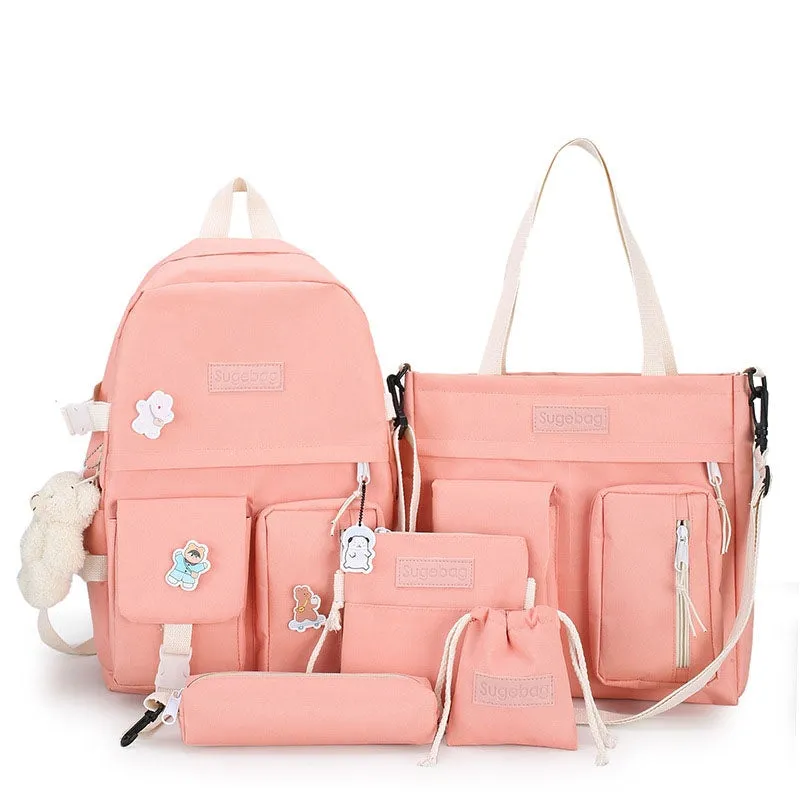 Kids Backpack With Lunch Box School Backpacks - Black Pink Green Book Bags For Boys Girls 5 Pcs Backpack Set Canvas Bookbag with Bear Pendant BookBag