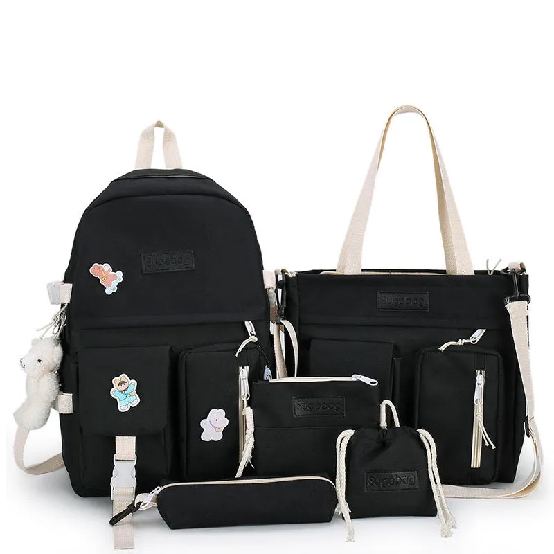 Kids Backpack With Lunch Box School Backpacks - Black Pink Green Book Bags For Boys Girls 5 Pcs Backpack Set Canvas Bookbag with Bear Pendant BookBag