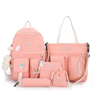 Kids Backpack With Lunch Box School Backpacks - Black Pink Green Book Bags For Boys Girls 5 Pcs Backpack Set Canvas Bookbag with Bear Pendant BookBag