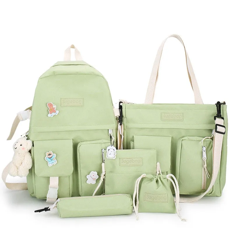 Kids Backpack With Lunch Box School Backpacks - Black Pink Green Book Bags For Boys Girls 5 Pcs Backpack Set Canvas Bookbag with Bear Pendant BookBag
