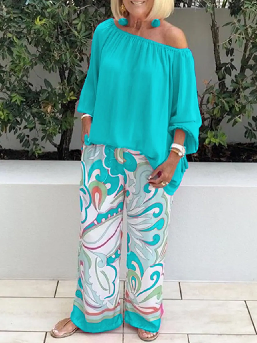 One Shoulder Floral Printed Wide Leg Pants Casual Loose Suit