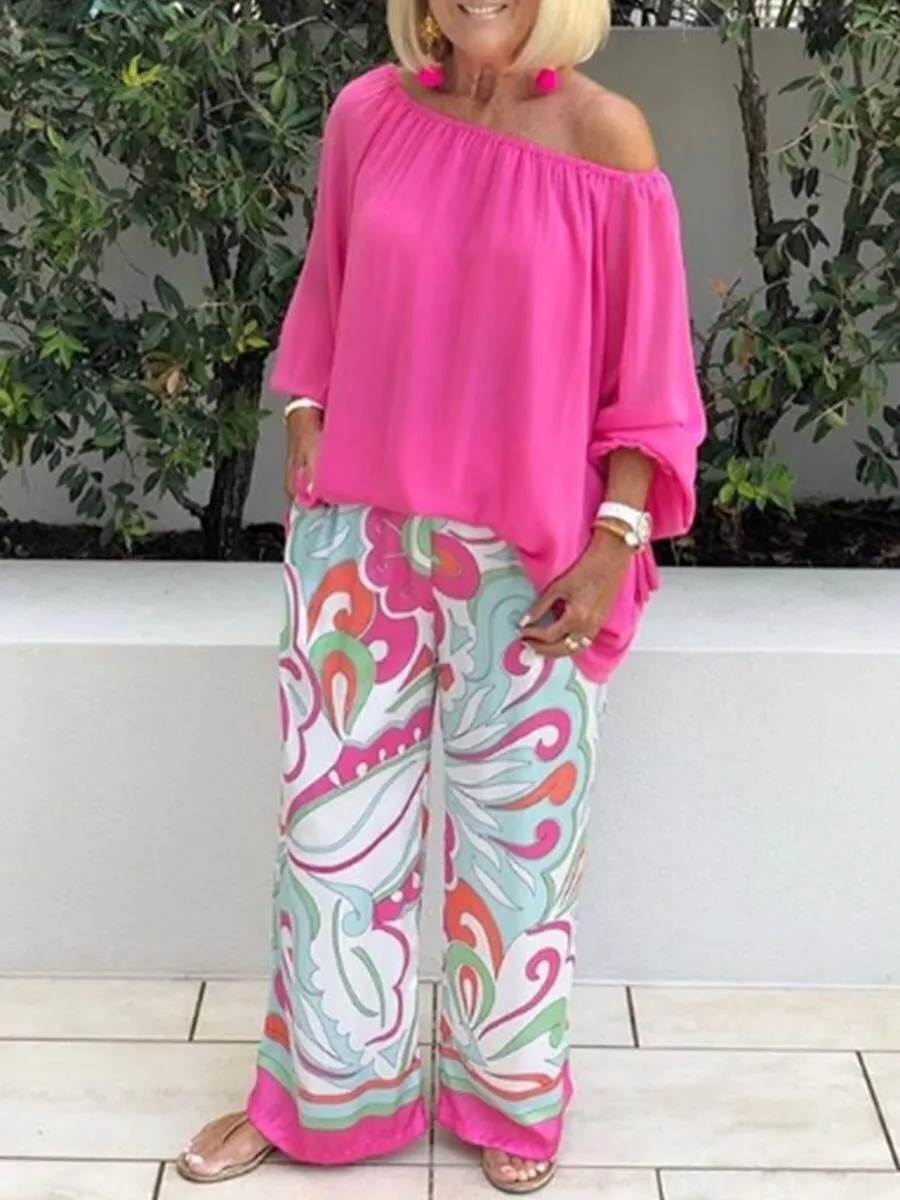 One Shoulder Floral Printed Wide Leg Pants Casual Loose Suit