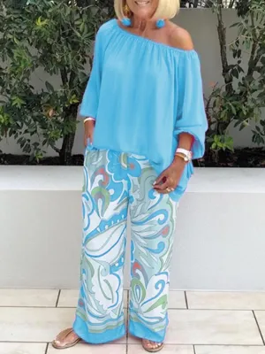 One Shoulder Floral Printed Wide Leg Pants Casual Loose Suit