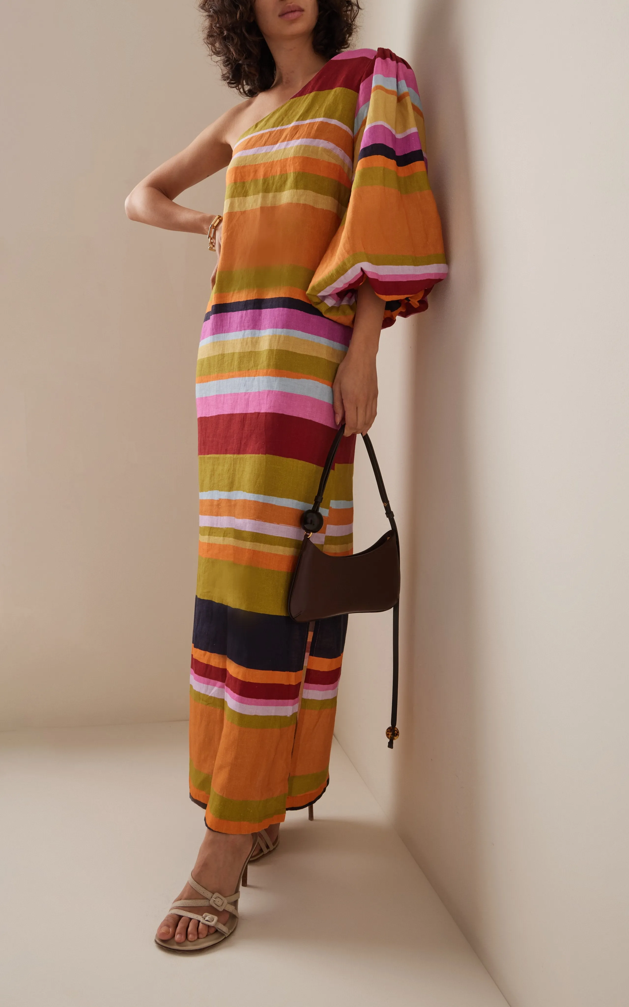 One Shoulder Multicolor Stripe Printed Maxi Dress