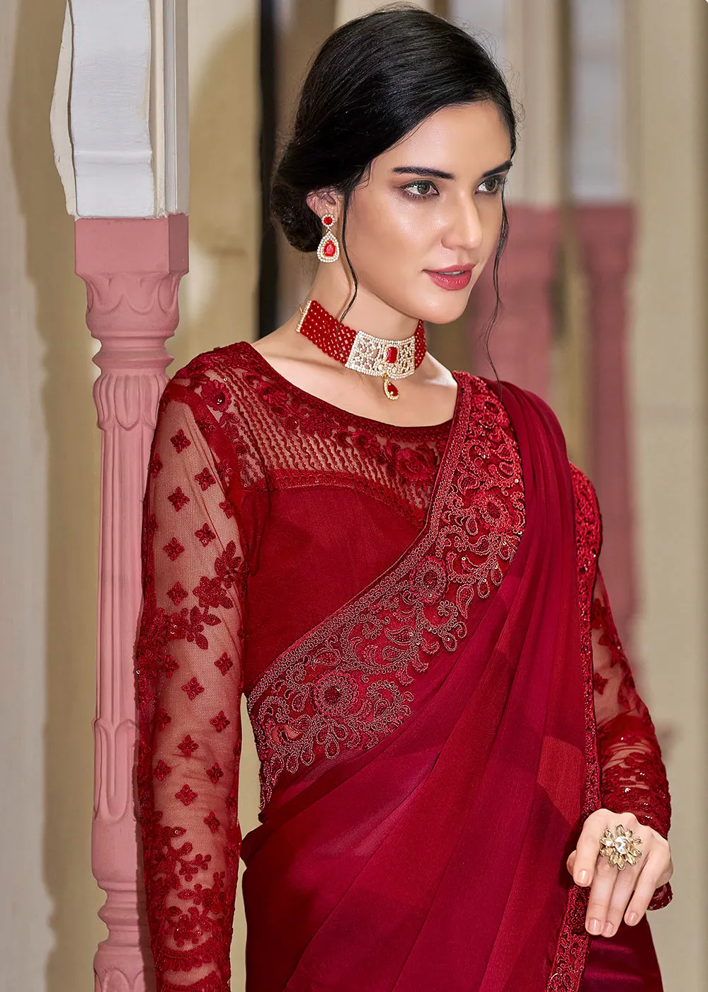 Party Wear Stunning Red Embroidered Fancy Silk Saree