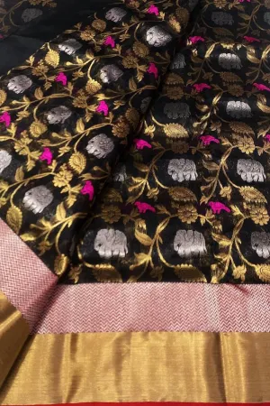 Stunning Black Chanderi Silk Saree - Handloom Beauty