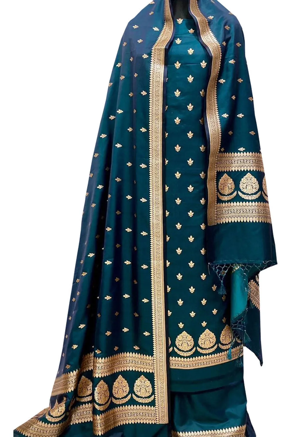 Stunning Green Banarasi Satin Silk Suit Set