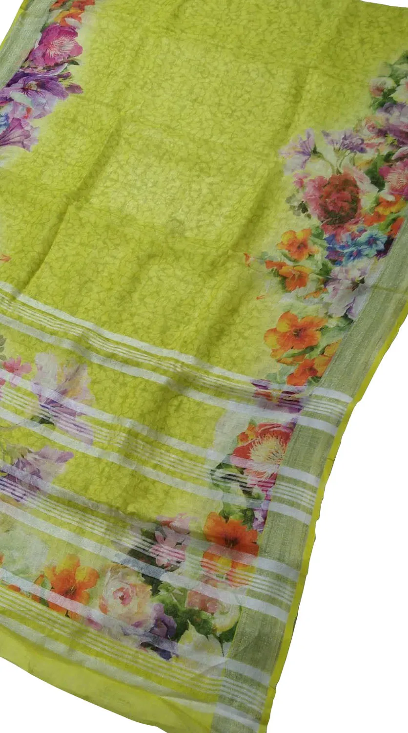 Stunning Green Linen Saree with Floral Print