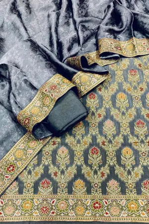 Stunning Grey Banarasi Chiniya Silk Suit Set - Unstitched