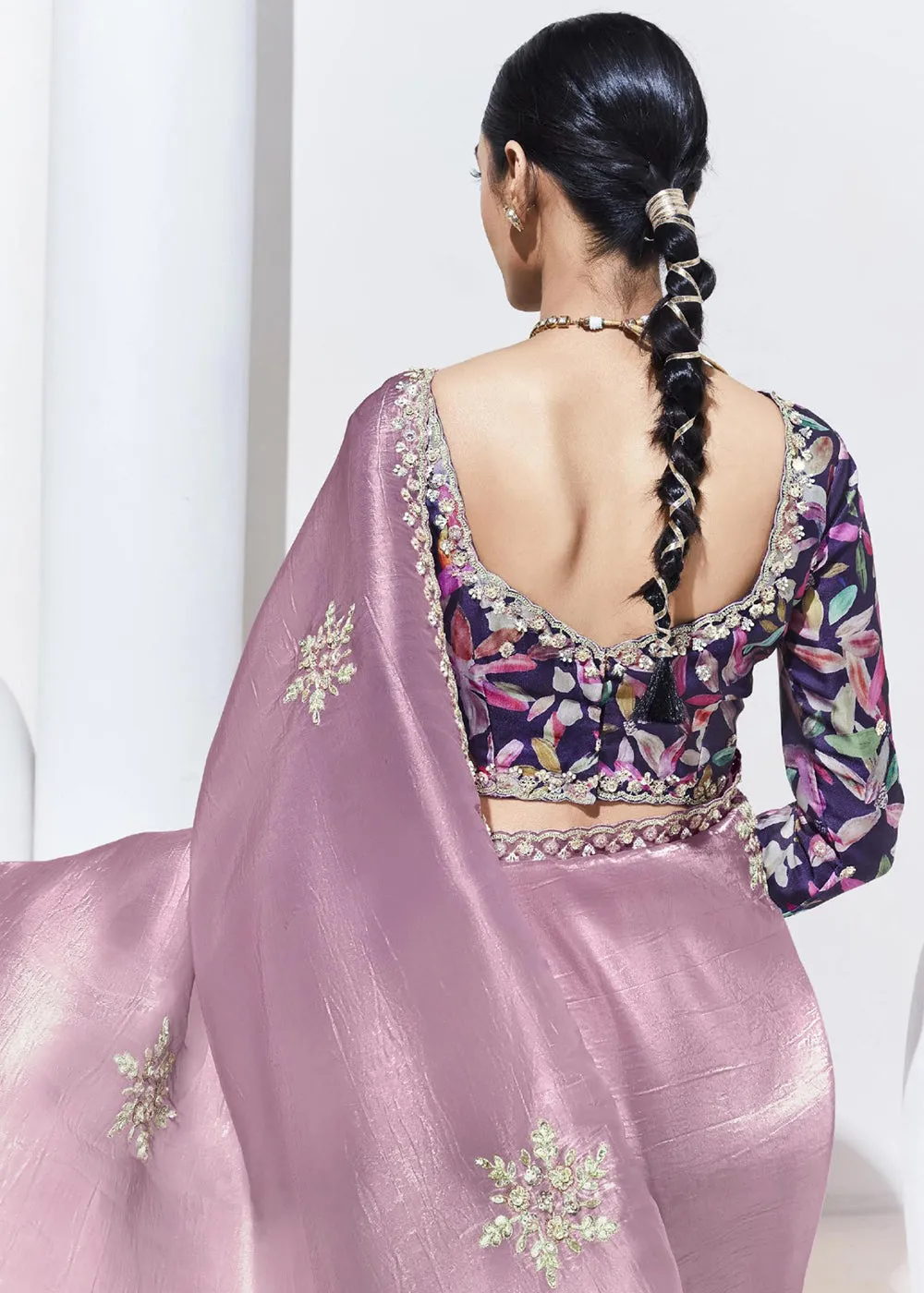Stunning Mauve Organza Embroidered Party Wear Saree