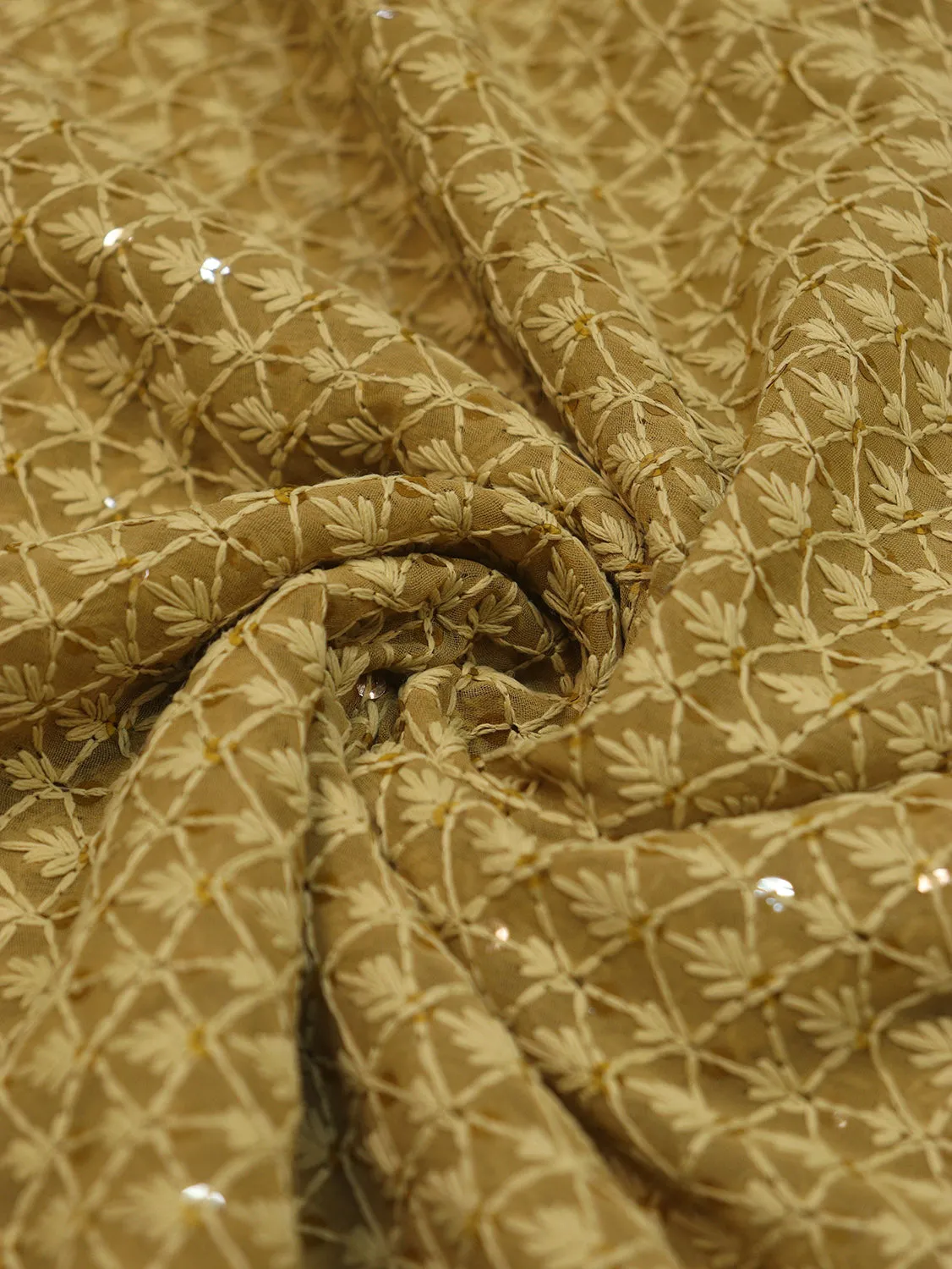 Stunning Ochre Chikankari Georgette Fabric with Sequins (1 Mtr)