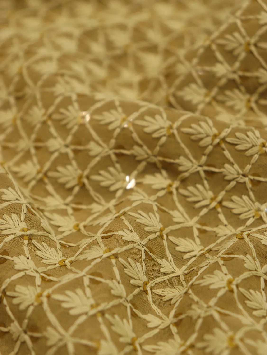 Stunning Ochre Chikankari Georgette Fabric with Sequins (1 Mtr)
