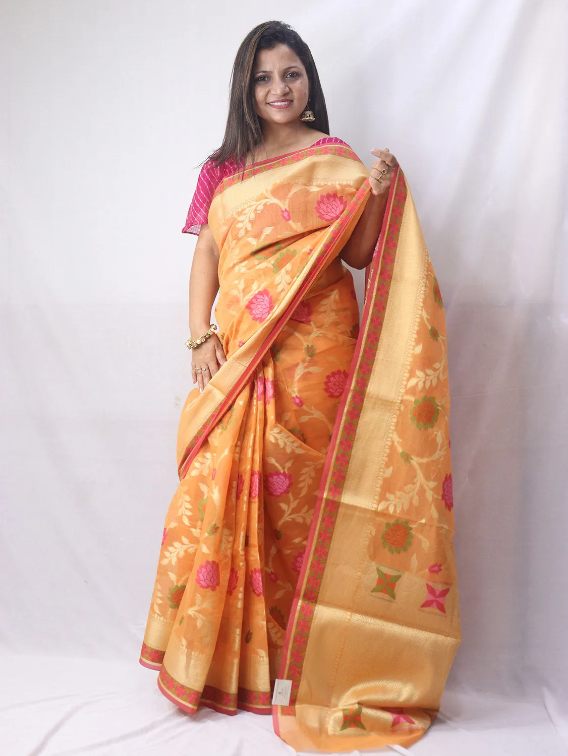 Stunning Orange Banarasi Cotton Silk Saree with Meenakari Work