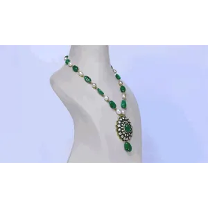 Stunning Pendant with Emerald Cabochons and Diamond Polki - (KMNE3411)