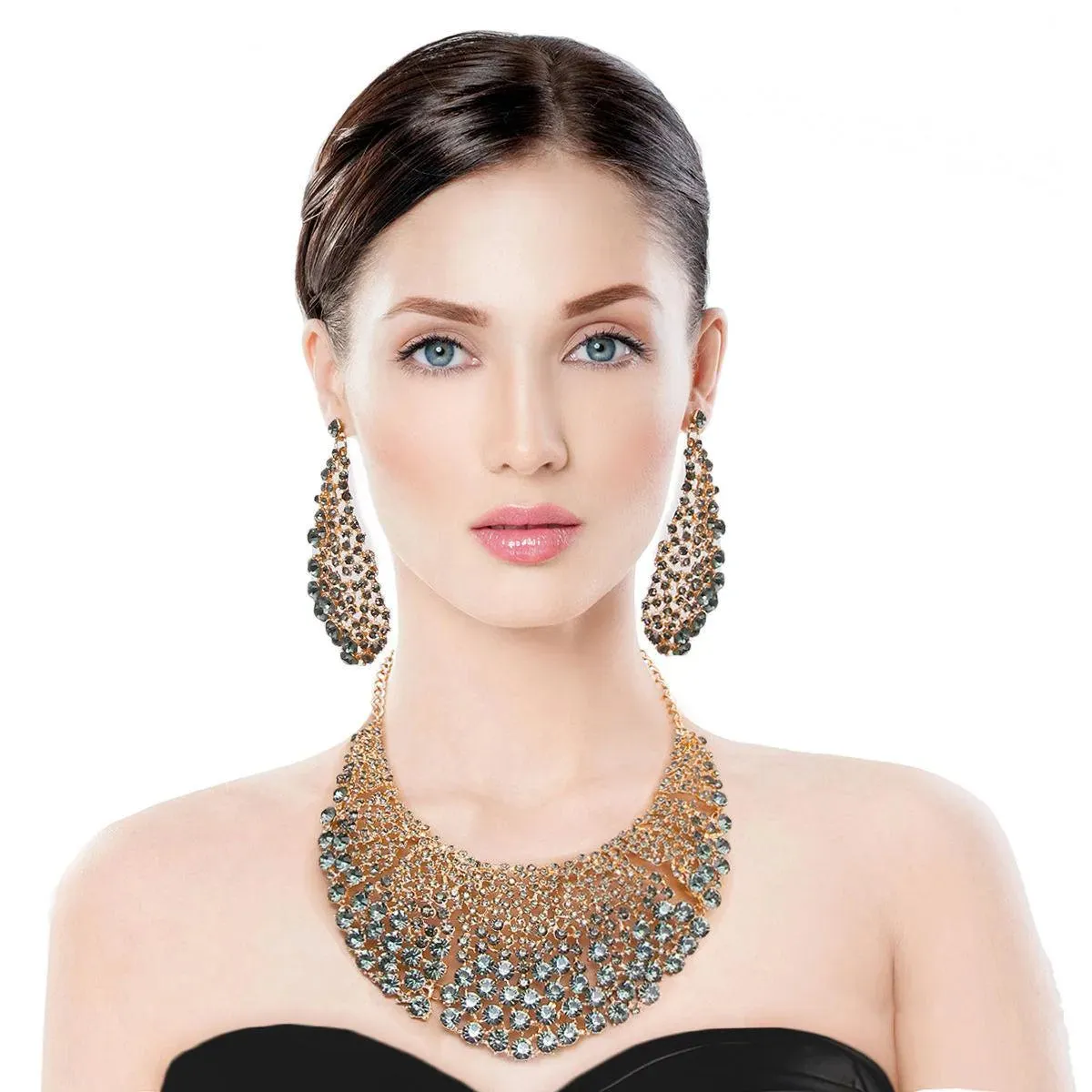 Stunning Round Cut Black Crystal Necklace Earrings Set