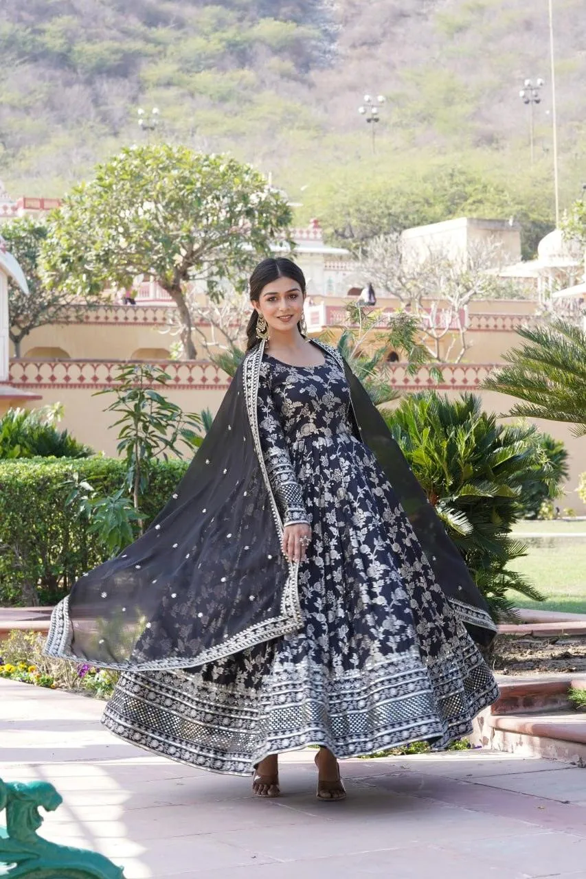 Stunning Viscous Jacquard Sequins Embroidered Worked Gown With Dupatta