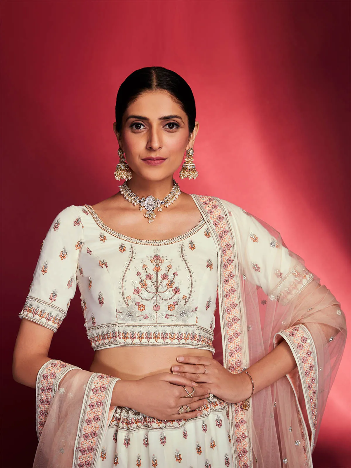 Stunning White Georgette Embroidered Semi Stitched Lehenga Choli