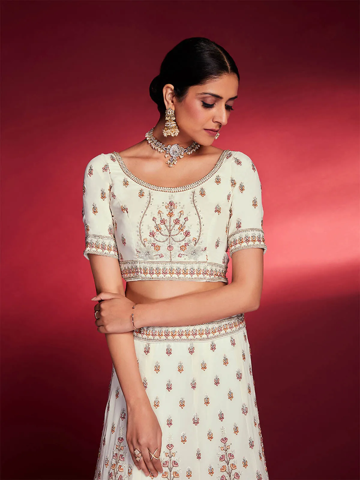 Stunning White Georgette Embroidered Semi Stitched Lehenga Choli