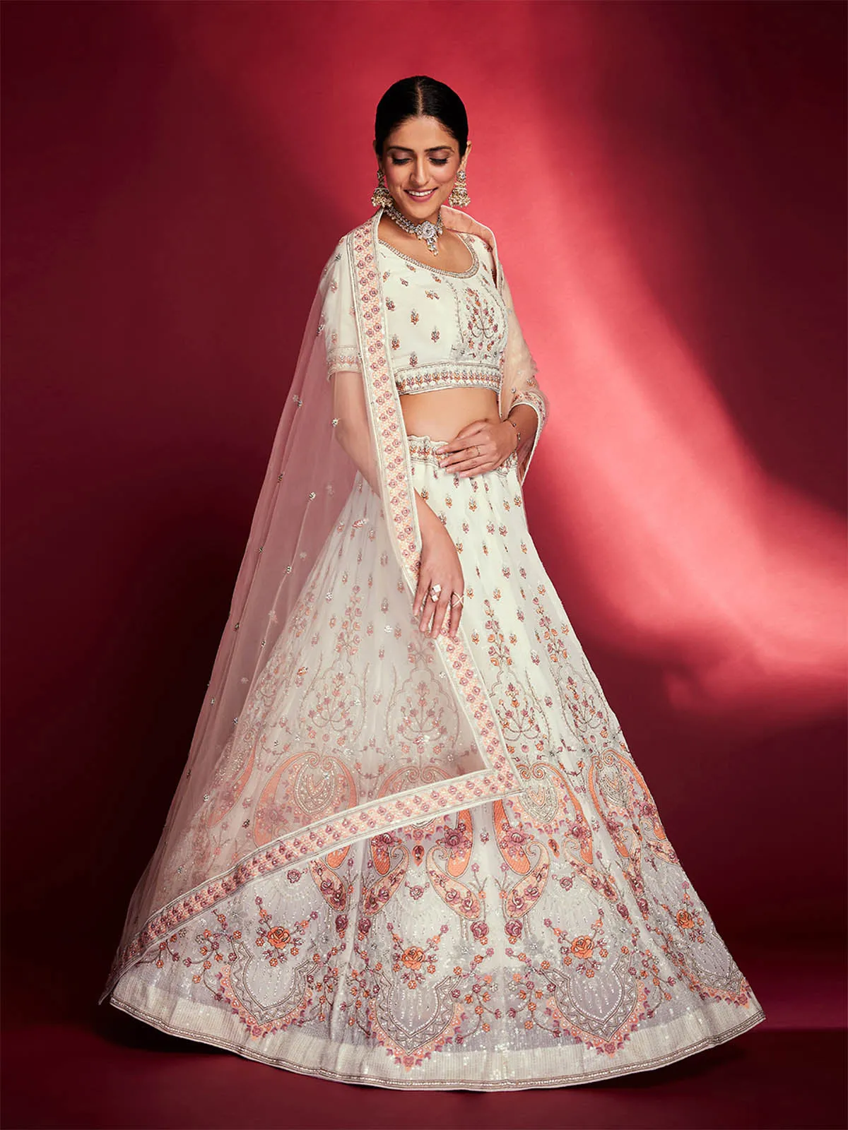 Stunning White Georgette Embroidered Semi Stitched Lehenga Choli