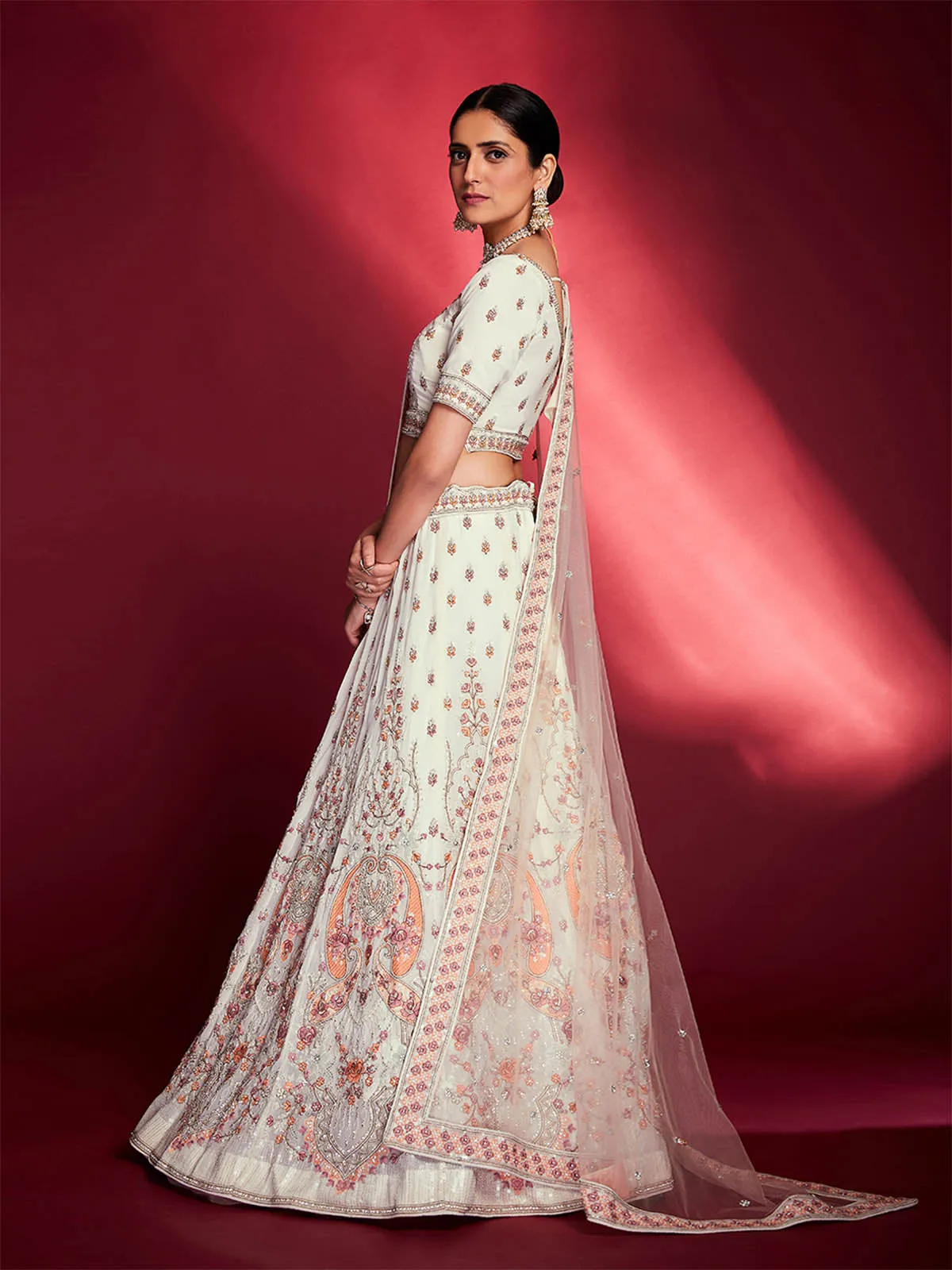 Stunning White Georgette Embroidered Semi Stitched Lehenga Choli