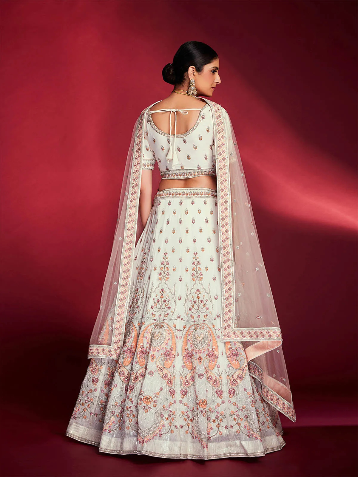 Stunning White Georgette Embroidered Semi Stitched Lehenga Choli