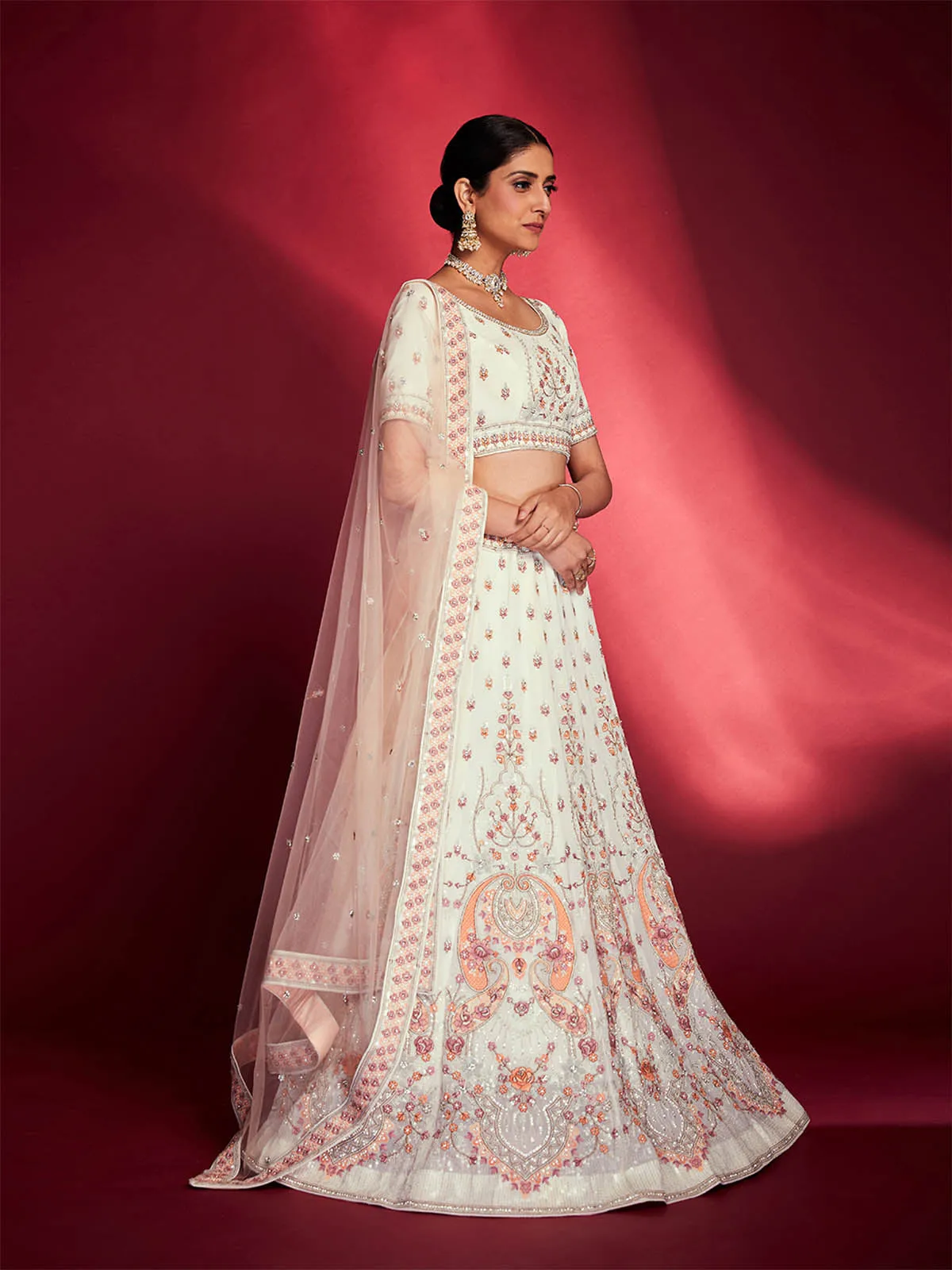 Stunning White Georgette Embroidered Semi Stitched Lehenga Choli