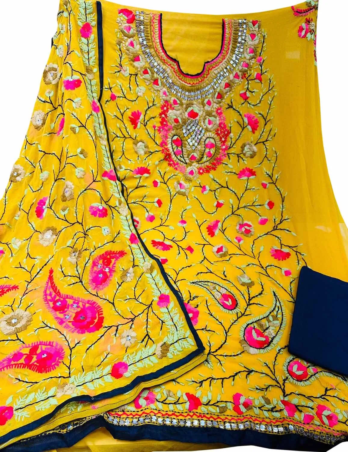 Stunning Yellow Phulkari Georgette Suit Set with Hand Embroidery